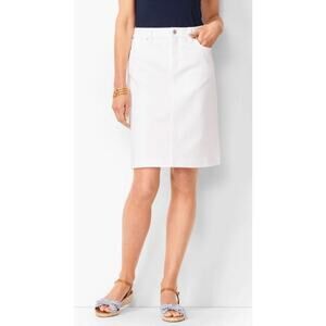 Talbots Classic Cotton White Mid Rise Knee Length Jean Skirt Stretch Pockets 10